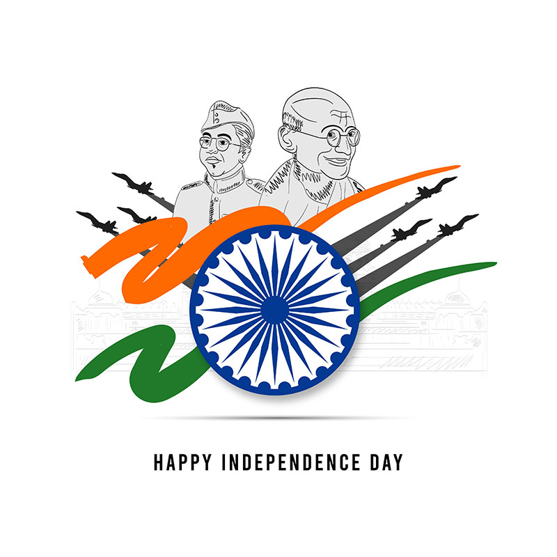 Flat Happy Independence Day with Gandhi ji & Neta ji Background Vector
