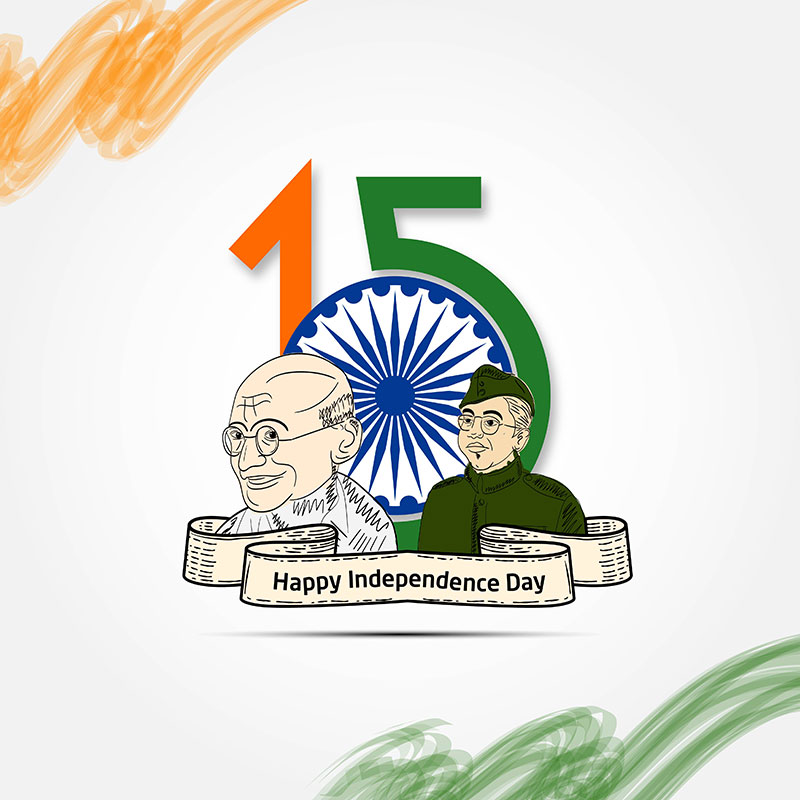 Flat Happy India Independence Day with Gandhi ji & Neta ji Background Vector