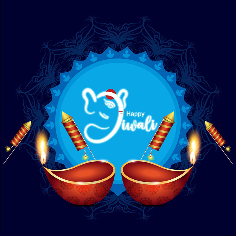 Happy Diwali Blue Background with Decorative Diya and Crackers