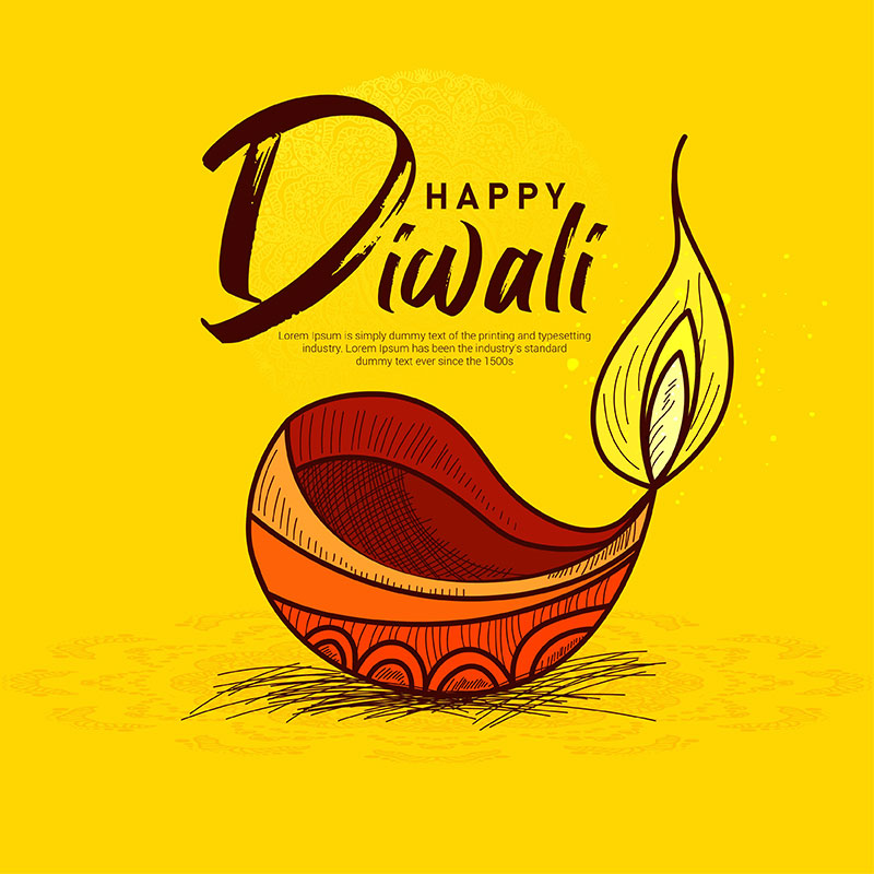Happy Diwali Yellow Background with Decorative Diya