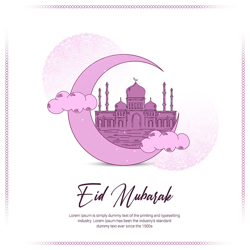 Happy Eid Mubarak Banner Islamic Sketch Design with Moon Yellow Background  Vector illustration