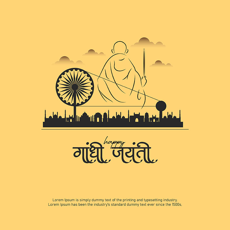 happy gandhi jayanti poster hindi text with gandhi sketch and charkha free vector illustration